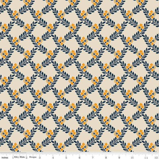 Image of the Cheddar at Twilight Vines Cream quilting cotton fabric by Riley Blake Designs. Features a plaid pattern of leaves and stems on a light cream background. 
Cute Little Fabric Shop