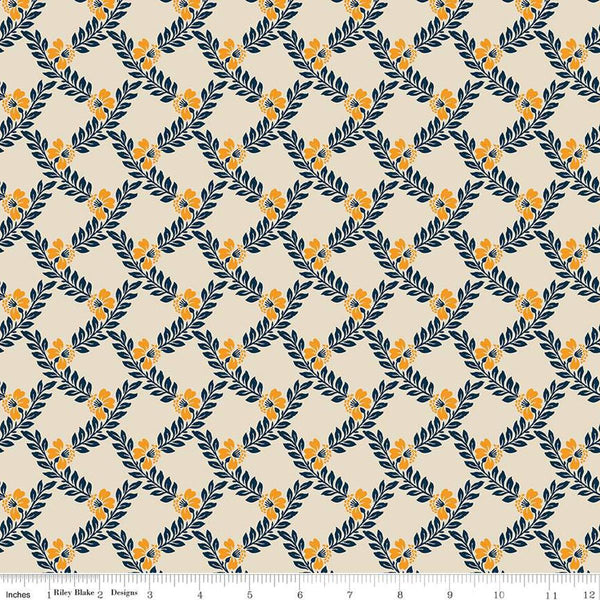 Image of the Cheddar at Twilight Vines Cream quilting cotton fabric by Riley Blake Designs. Features a plaid pattern of leaves and stems on a light cream background. 
Cute Little Fabric Shop