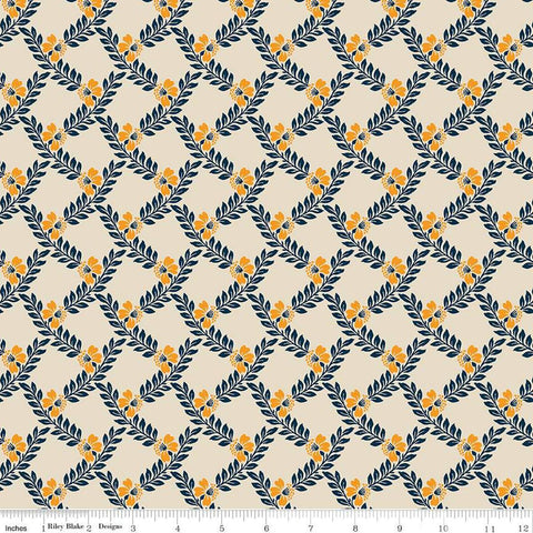 Image of the Cheddar at Twilight Vines Cream quilting cotton fabric by Riley Blake Designs. Features a plaid pattern of leaves and stems on a light cream background. 
Cute Little Fabric Shop