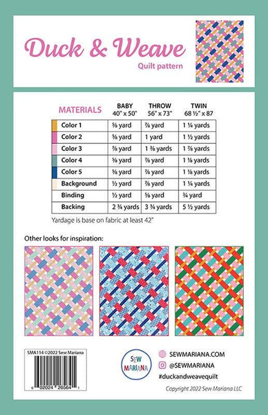 Image of the Duck and Weave quilt pattern by Sew Mariana for Moda Fabrics. Features the quilt fabric requirements. 
Cute Little Fabric Shop