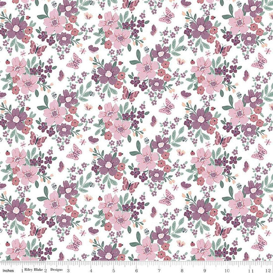 Image of the Buds & Butterflies Main White quilting cotton fabric by Cayla Naylor for Riley Blake Designs. Features flowers and butterflies on a white background. 
Cute Little Fabric Shop