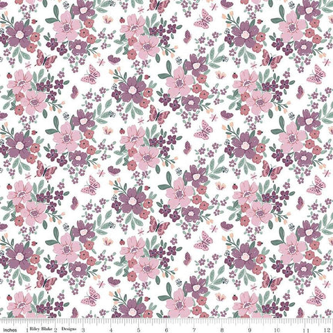 Image of the Buds & Butterflies Main White quilting cotton fabric by Cayla Naylor for Riley Blake Designs. Features flowers and butterflies on a white background. 
Cute Little Fabric Shop