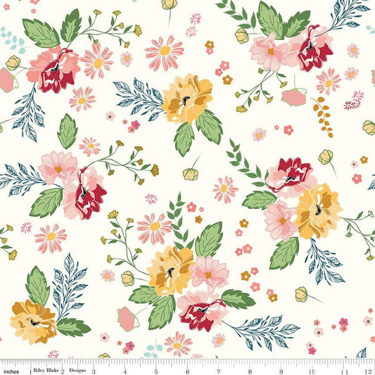 Image of the Melody Main Cloud quilting cotton fabric by Beverly McCullough for Riley Blake Designs. Features flowers on vines on a light cream background. 
Cute Little Fabric Shop