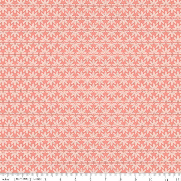 Image of the Melody Deco Leaves Salmon quilting cotton fabric by Beverly McCullough for Riley Blake Designs. Features geometric flowers on a light pink background. 
Cute Little Fabric Shop