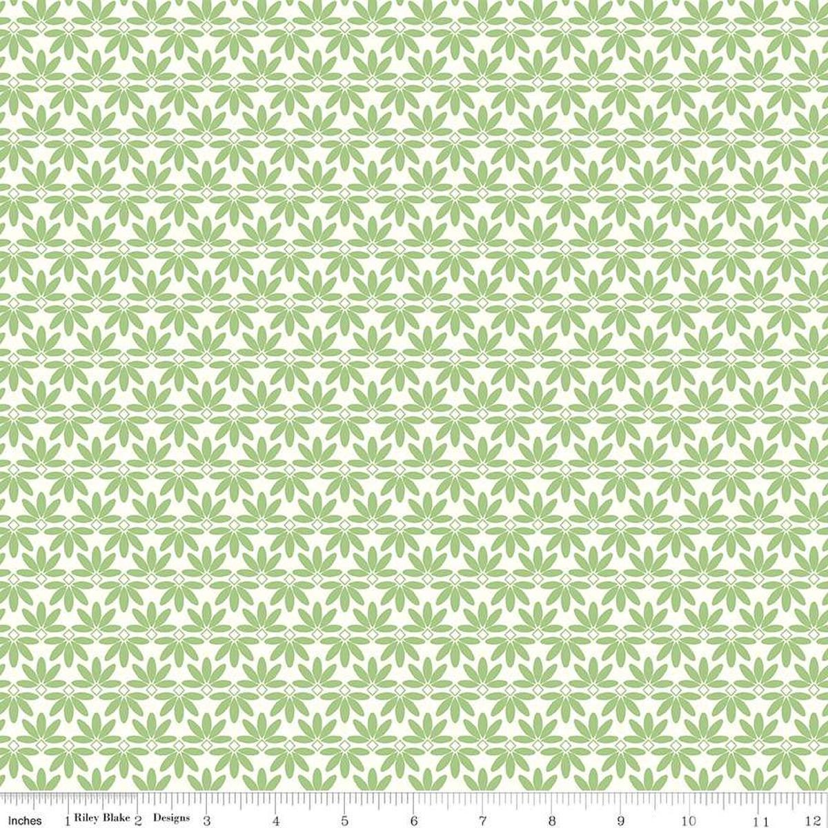 Image of the Melody Deco Leaves Grass quilting cotton fabric by Beverly McCullough for Riley Blake Designs. Features geometric green flowers on a white background. 
Cute Little Fabric Shop