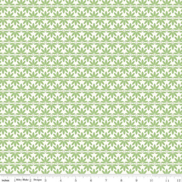 Image of the Melody Deco Leaves Grass quilting cotton fabric by Beverly McCullough for Riley Blake Designs. Features geometric green flowers on a white background. 
Cute Little Fabric Shop