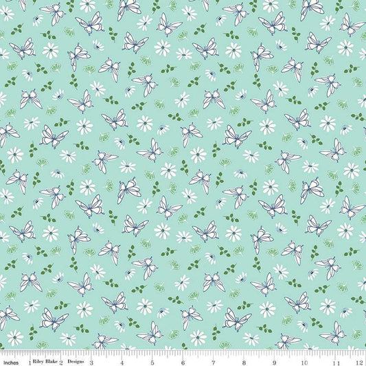Image of the Melody Flutter Flora Songbird quilting cotton fabric by Beverly McCullough for Riley Blake Designs. Features butterflies, flowers, and leaves on a light aqua background. 
Cute Little Fabric Shop