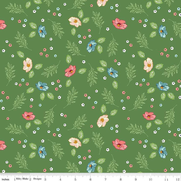 Image of the Melody Flower Fields Clover quilting cotton fabric by Beverly McCullough for Riley Blake Designs. Features blossoms, flowers, and leaves on a dark green background. 
Cute Little Fabric Shop