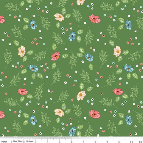 Image of the Melody Flower Fields Clover quilting cotton fabric by Beverly McCullough for Riley Blake Designs. Features blossoms, flowers, and leaves on a dark green background. 
Cute Little Fabric Shop