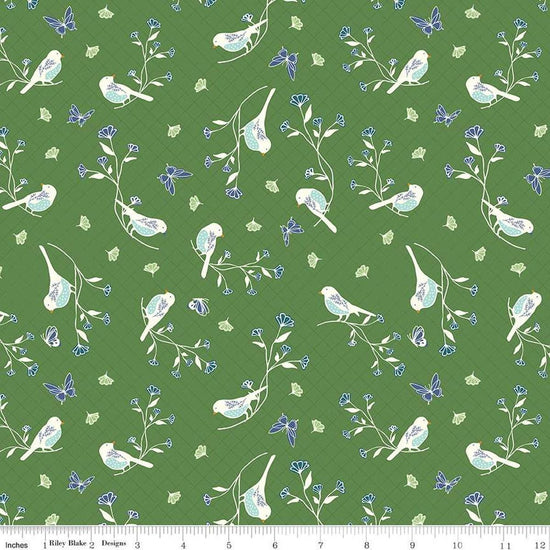 Image of the Melody Floral Birds Clover quilting cotton fabric by Beverly McCullough for Riley Blake Designs. Features blossoms, flowers, birds, and leaves on a dark green background. 
Cute Little Fabric Shop