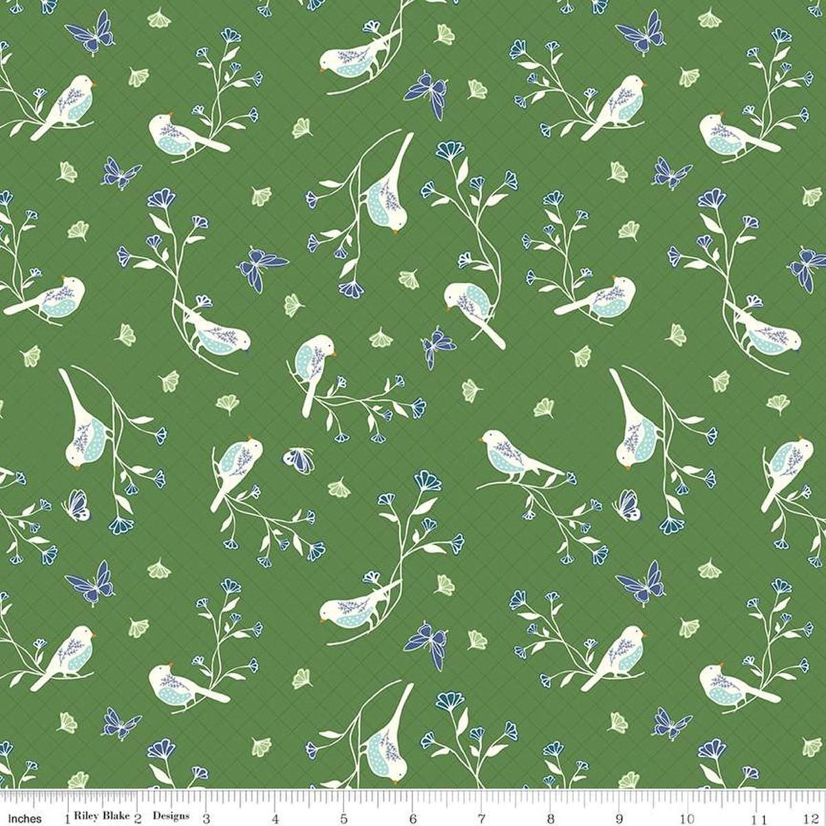 Image of the Melody Floral Birds Clover quilting cotton fabric by Beverly McCullough for Riley Blake Designs. Features blossoms, flowers, birds, and leaves on a dark green background. 
Cute Little Fabric Shop