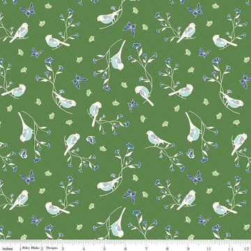 Image of the Melody Floral Birds Clover quilting cotton fabric by Beverly McCullough for Riley Blake Designs. Features blossoms, flowers, birds, and leaves on a dark green background. 
Cute Little Fabric Shop