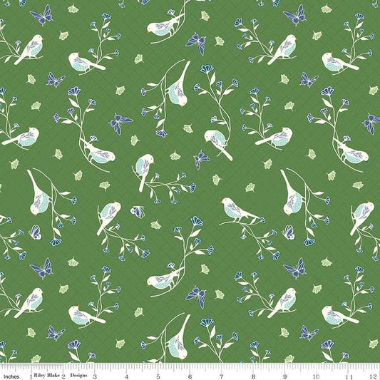 Image of the Melody Floral Birds Clover quilting cotton fabric by Beverly McCullough for Riley Blake Designs. Features blossoms, flowers, birds, and leaves on a dark green background. 
Cute Little Fabric Shop
