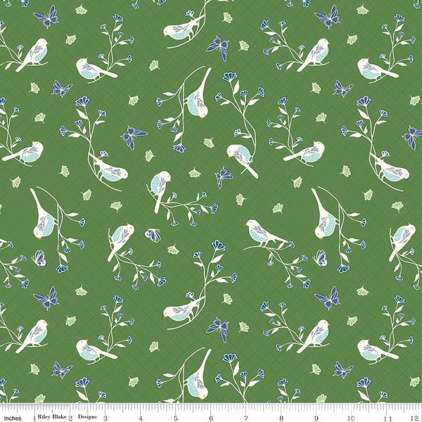 Image of the Melody Floral Birds Clover quilting cotton fabric by Beverly McCullough for Riley Blake Designs. Features blossoms, flowers, birds, and leaves on a dark green background. 
Cute Little Fabric Shop