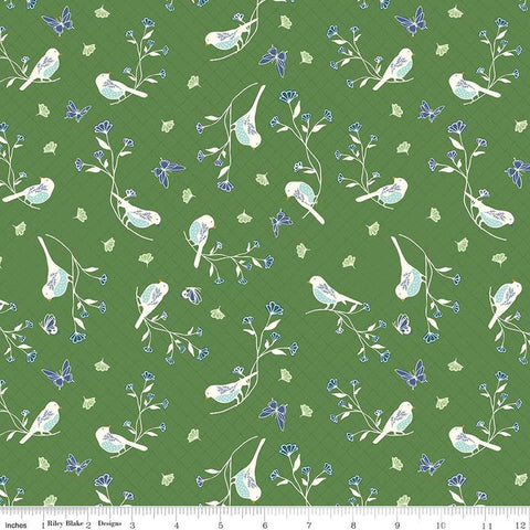 Image of the Melody Floral Birds Clover quilting cotton fabric by Beverly McCullough for Riley Blake Designs. Features blossoms, flowers, birds, and leaves on a dark green background. 
Cute Little Fabric Shop