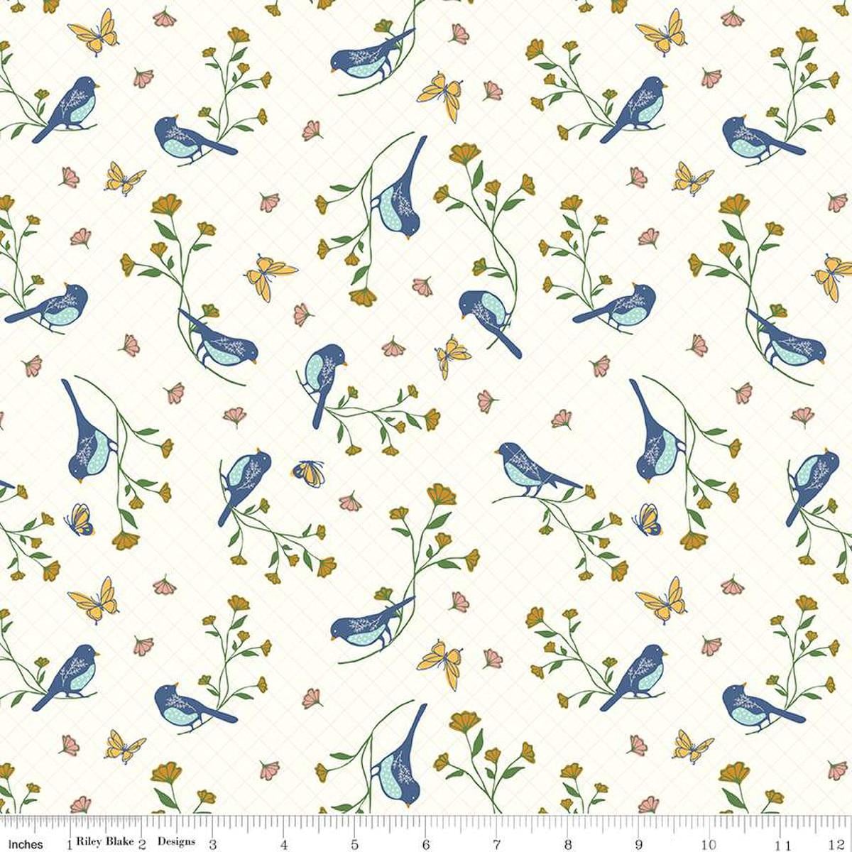 Image of the Melody Floral Birds Cloud quilting cotton fabric by Beverly McCullough for Riley Blake Designs. Features blossoms, flowers, birds, and leaves on a light cream white background. 
Cute Little Fabric Shop
