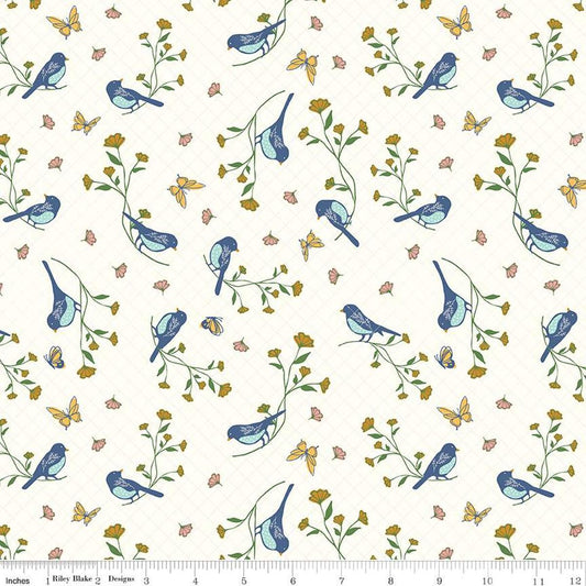 Image of the Melody Floral Birds Cloud quilting cotton fabric by Beverly McCullough for Riley Blake Designs. Features blossoms, flowers, birds, and leaves on a light cream white background. 
Cute Little Fabric Shop