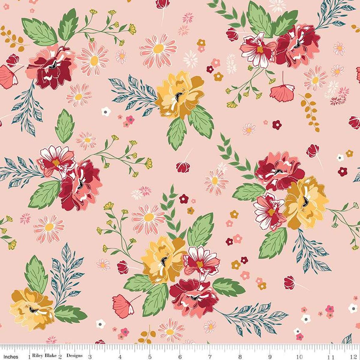 Image of the Melody Main Peaches 'n Cream quilting cotton fabric by Beverly McCullough for Riley Blake Designs. Features flowers on vines on a light pink background. 
Cute Little Fabric Shop