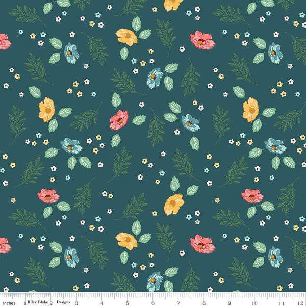 Image of the Melody Flower Fields Colonial Blue quilting cotton fabric by Beverly McCullough for Riley Blake Designs. Features blossoms, flowers, and leaves on a dark turquoise blue background. 
Cute Little Fabric Shop