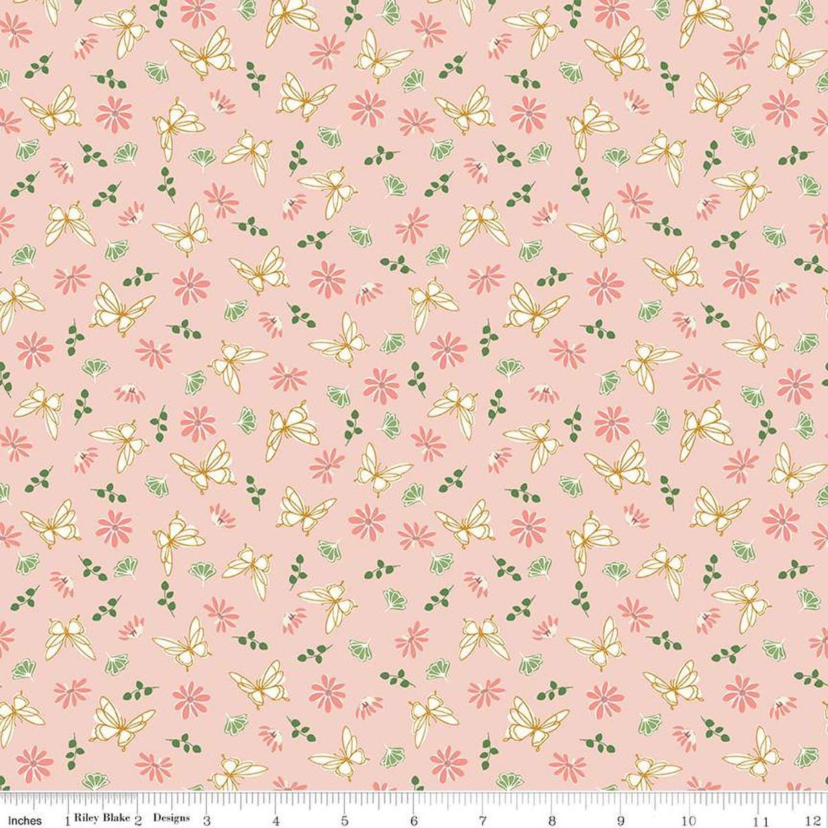Image of the Melody Flutter Flora Peaches 'n Cream quilting cotton fabric by Beverly McCullough for Riley Blake Designs. Features butterflies, flowers, and leaves on a light pink background. 
Cute Little Fabric Shop