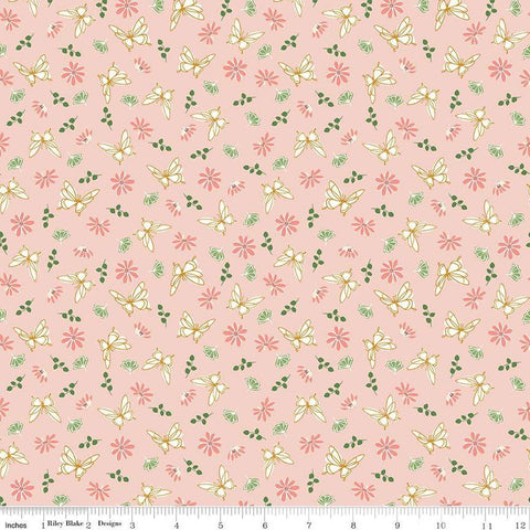 Image of the Melody Flutter Flora Peaches &#39;n Cream quilting cotton fabric by Beverly McCullough for Riley Blake Designs. Features butterflies, flowers, and leaves on a light pink background. 
Cute Little Fabric Shop