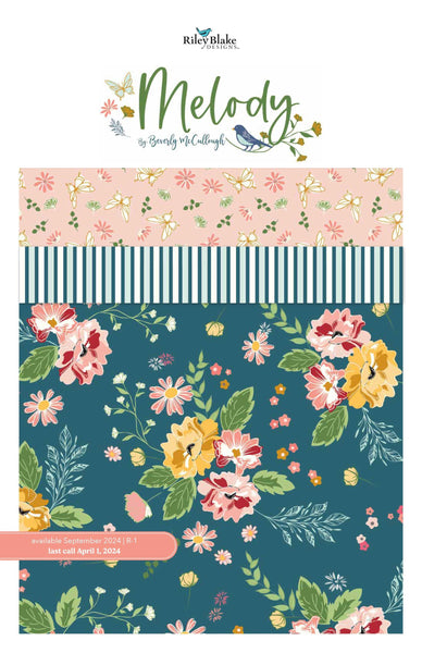 Image of the Melody Storyboard by Beverly McCullough for Riley Blake Designs. Features blue, pink, green, yellow, and cream floral fabrics. 
Cute Little Fabric Shop