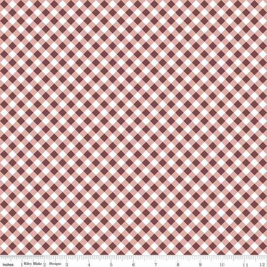 Image of the A Walk on the Prairie Gingham Dusty Rose quilting cotton fabric by Modern Prairie for Riley Blake Designs. Features a printed diagonal gingham pattern on a dark maroon background.
Cute Little Fabric Shop