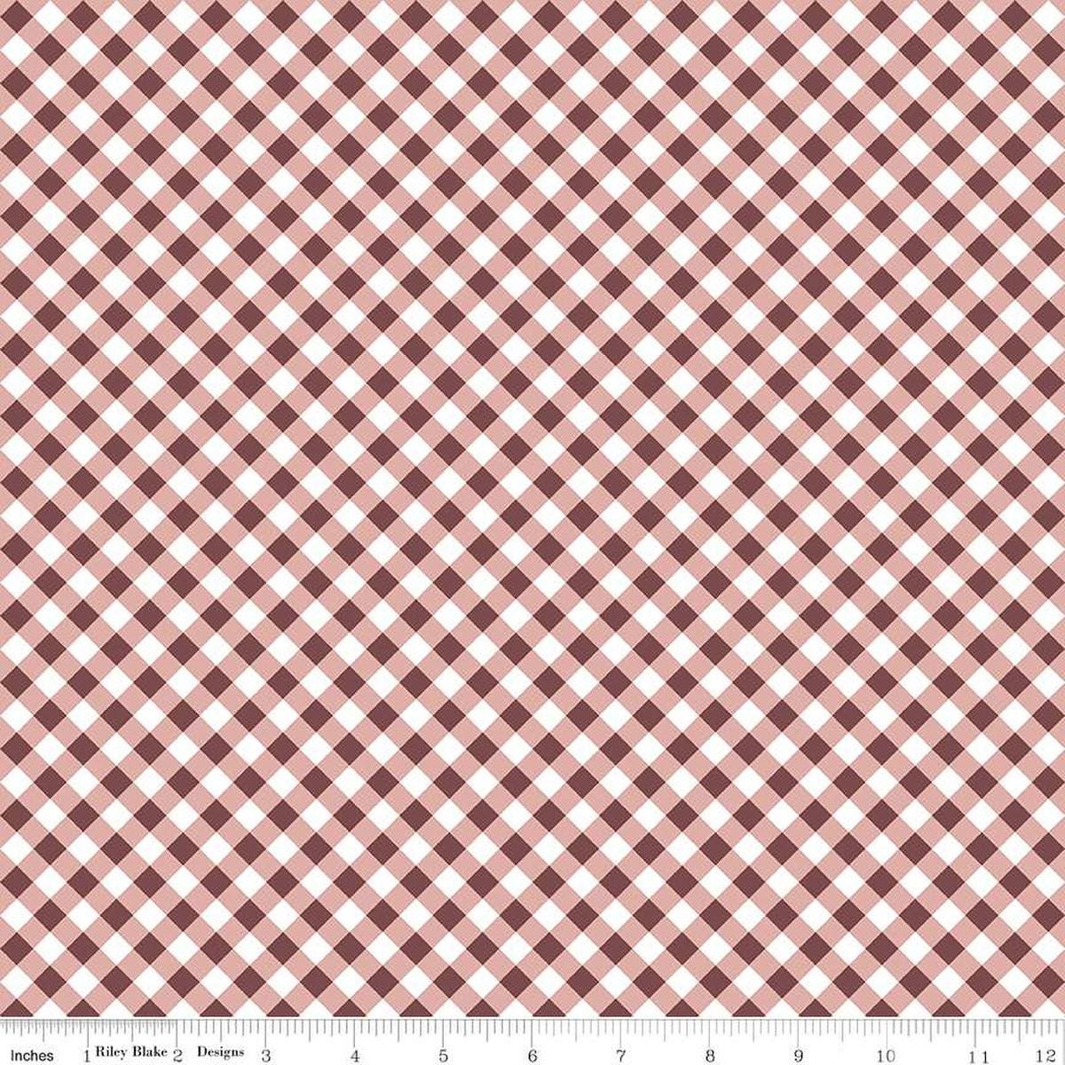 Image of the A Walk on the Prairie Gingham Dusty Rose quilting cotton fabric by Modern Prairie for Riley Blake Designs. Features a printed diagonal gingham pattern on a dark maroon background.
Cute Little Fabric Shop