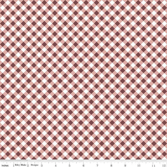 Image of the A Walk on the Prairie Gingham Dusty Rose quilting cotton fabric by Modern Prairie for Riley Blake Designs. Features a printed diagonal gingham pattern on a dark maroon background.
Cute Little Fabric Shop