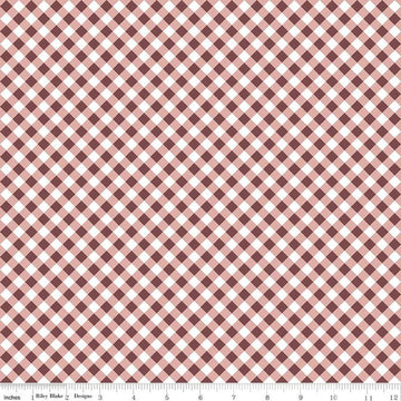 Image of the A Walk on the Prairie Gingham Dusty Rose quilting cotton fabric by Modern Prairie for Riley Blake Designs. Features a printed diagonal gingham pattern on a dark maroon background.
Cute Little Fabric Shop