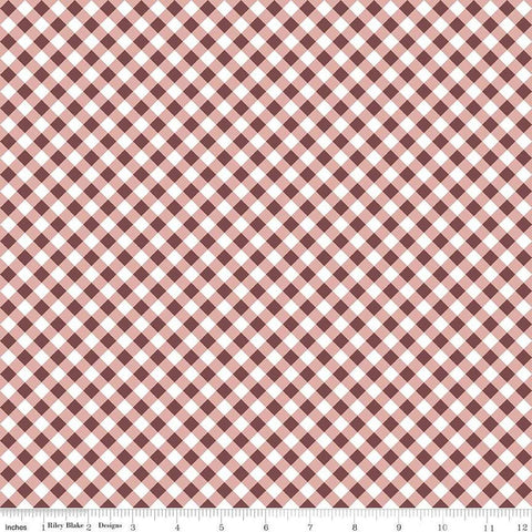 Image of the A Walk on the Prairie Gingham Dusty Rose quilting cotton fabric by Modern Prairie for Riley Blake Designs. Features a printed diagonal gingham pattern on a dark maroon background.
Cute Little Fabric Shop