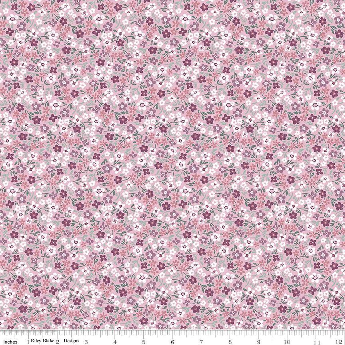 Image of the Buds & Butterflies Daisy Delight Mauve quilting cotton fabric by Cayla Naylor for Riley Blake Designs. Features small flowers on a pink purple background. 
Cute Little Fabric Shop