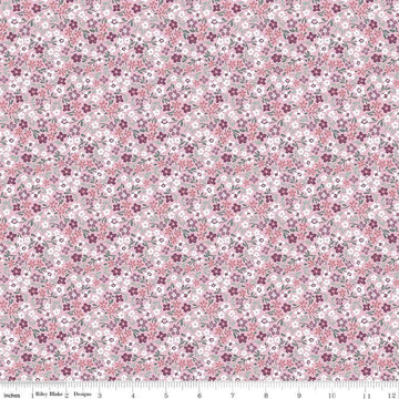 Image of the Buds & Butterflies Daisy Delight Mauve quilting cotton fabric by Cayla Naylor for Riley Blake Designs. Features small flowers on a pink purple background. 
Cute Little Fabric Shop