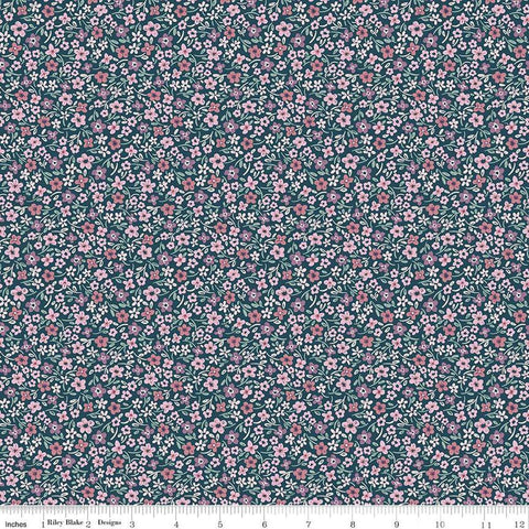 Image of the Buds & Butterflies Daisy Delight Emerald quilting cotton fabric by Cayla Naylor for Riley Blake Designs. Features small flowers on a dark teal green background. 
Cute Little Fabric Shop