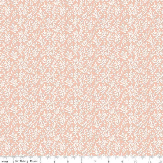 Image of the Buds & Butterflies Secret Wings Peach quilting cotton fabric by Cayla Naylor for Riley Blake Designs. Features sprigs of leaves and butterflies on a pale coral background. 
Cute Little Fabric Shop