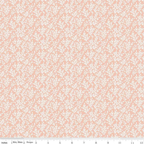 Image of the Buds & Butterflies Secret Wings Peach quilting cotton fabric by Cayla Naylor for Riley Blake Designs. Features sprigs of leaves and butterflies on a pale coral background. 
Cute Little Fabric Shop