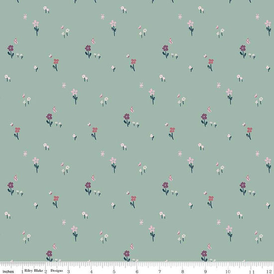 Image of the Buds & Butterflies Meadow Minuet Stone quilting cotton fabric by Cayla Naylor for Riley Blake Designs. Features a field of flowers and butterflies on a light green background. 
Cute Little Fabric Shop