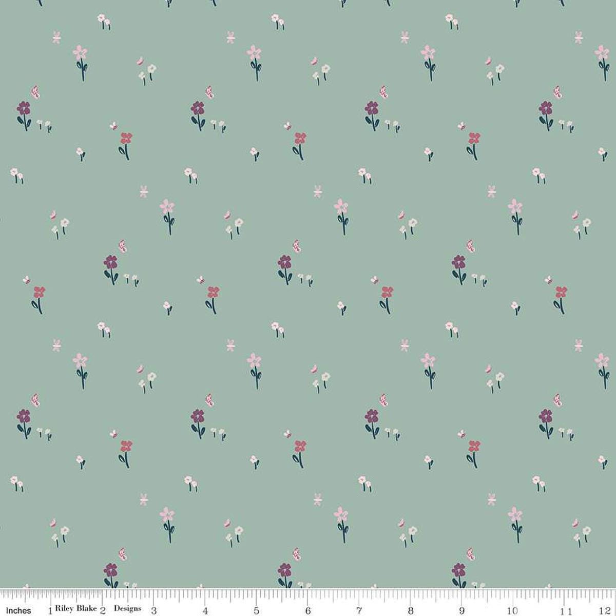Image of the Buds & Butterflies Meadow Minuet Stone quilting cotton fabric by Cayla Naylor for Riley Blake Designs. Features a field of flowers and butterflies on a light green background. 
Cute Little Fabric Shop
