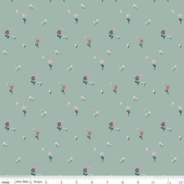 Image of the Buds & Butterflies Meadow Minuet Stone quilting cotton fabric by Cayla Naylor for Riley Blake Designs. Features a field of flowers and butterflies on a light green background. 
Cute Little Fabric Shop