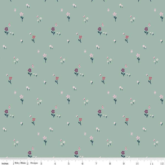 Image of the Buds & Butterflies Meadow Minuet Stone quilting cotton fabric by Cayla Naylor for Riley Blake Designs. Features a field of flowers and butterflies on a light green background. 
Cute Little Fabric Shop