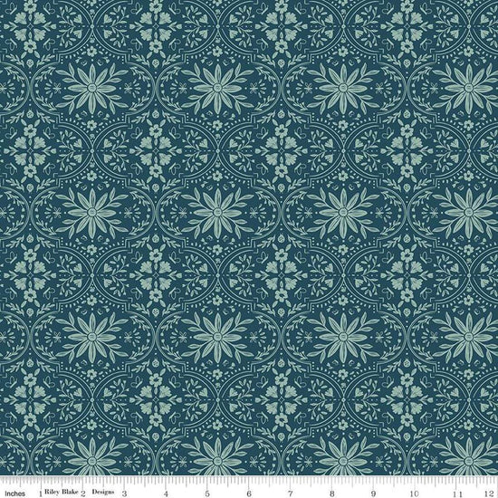 Image of the Buds & Butterflies Enchanting Garden Emerald quilting cotton fabric by Cayla Naylor for Riley Blake Designs. Features a floral damask pattern on a dark teal background. 
Cute Little Fabric Shop