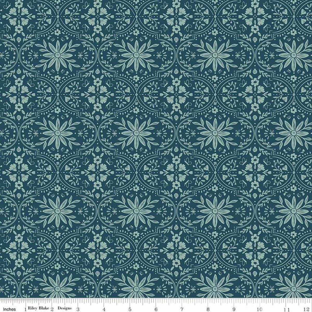 Image of the Buds & Butterflies Enchanting Garden Emerald quilting cotton fabric by Cayla Naylor for Riley Blake Designs. Features a floral damask pattern on a dark teal background. 
Cute Little Fabric Shop