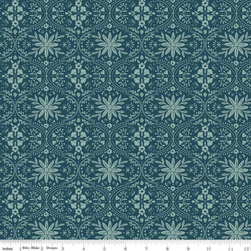 Image of the Buds & Butterflies Enchanting Garden Emerald quilting cotton fabric by Cayla Naylor for Riley Blake Designs. Features a floral damask pattern on a dark teal background. 
Cute Little Fabric Shop