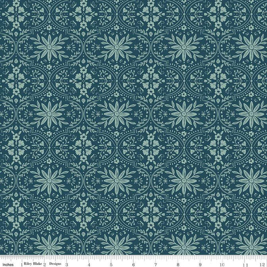 Image of the Buds & Butterflies Enchanting Garden Emerald quilting cotton fabric by Cayla Naylor for Riley Blake Designs. Features a floral damask pattern on a dark teal background. 
Cute Little Fabric Shop