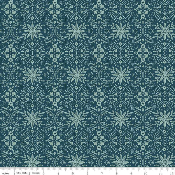 Image of the Buds & Butterflies Enchanting Garden Emerald quilting cotton fabric by Cayla Naylor for Riley Blake Designs. Features a floral damask pattern on a dark teal background. 
Cute Little Fabric Shop