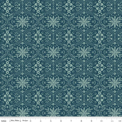 Image of the Buds & Butterflies Enchanting Garden Emerald quilting cotton fabric by Cayla Naylor for Riley Blake Designs. Features a floral damask pattern on a dark teal background. 
Cute Little Fabric Shop