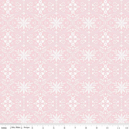 Image of the Buds & Butterflies Enchanting Garden Blush quilting cotton fabric by Cayla Naylor for Riley Blake Designs. Features a floral damask pattern on a light pink background. 
Cute Little Fabric Shop