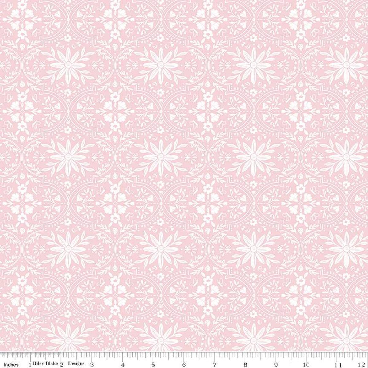 Image of the Buds & Butterflies Enchanting Garden Blush quilting cotton fabric by Cayla Naylor for Riley Blake Designs. Features a floral damask pattern on a light pink background. 
Cute Little Fabric Shop