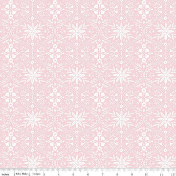 Image of the Buds & Butterflies Enchanting Garden Blush quilting cotton fabric by Cayla Naylor for Riley Blake Designs. Features a floral damask pattern on a light pink background. 
Cute Little Fabric Shop