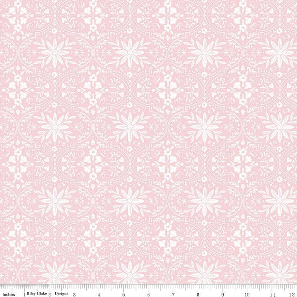 Image of the Buds & Butterflies Enchanting Garden Blush quilting cotton fabric by Cayla Naylor for Riley Blake Designs. Features a floral damask pattern on a light pink background. 
Cute Little Fabric Shop